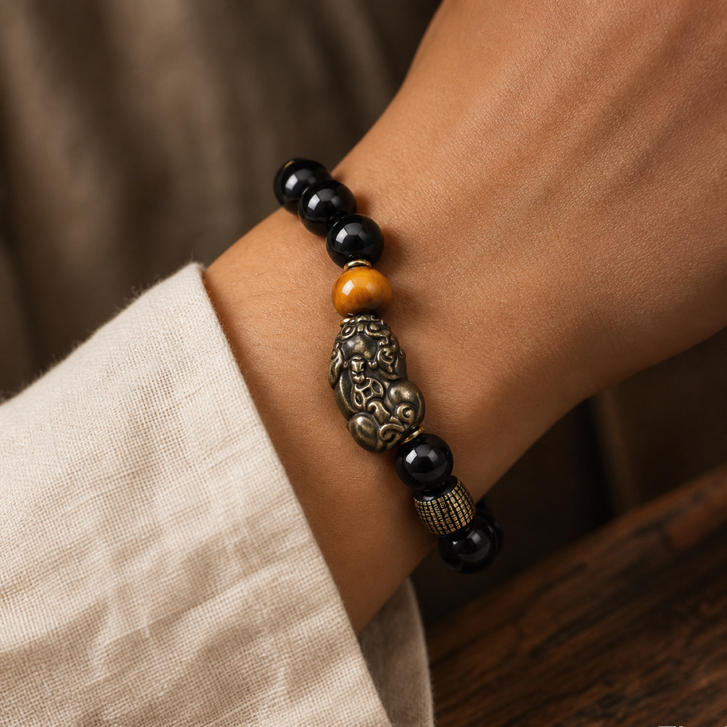 QI KIND Black Sculptural Bead Bracelet lifestyle image