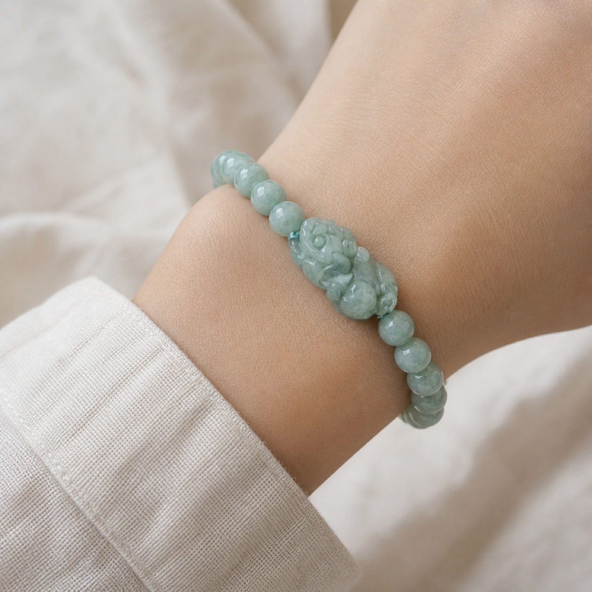 QI KIND Pale Green Sculptural Bead Bracelet lifestyle image